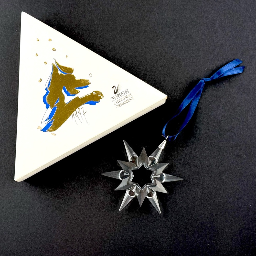 1997 Swarovski Crystal Snowflake Ornament with Blue Ribbon in Original Packaging